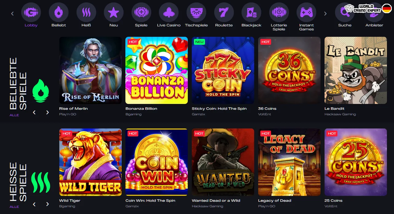 Spielautomaten, Tischspiele, Live-Spiele im Online-Casino Glitch Spin