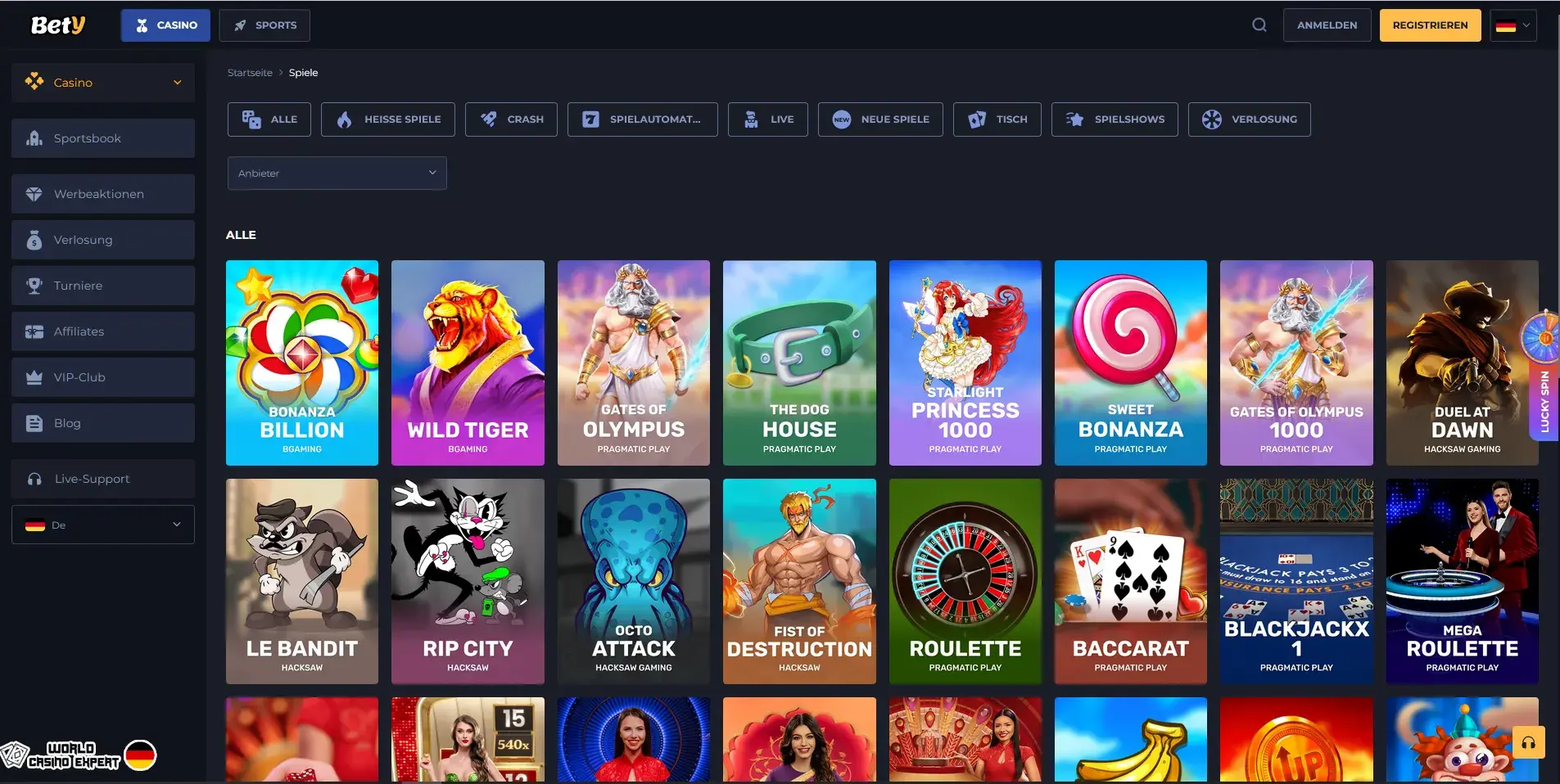 Spielangebot im Online-Casino Bety