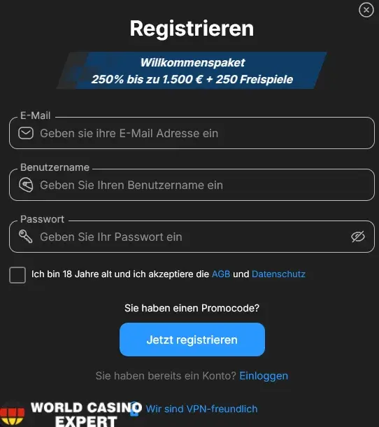 Kontoregistrierung in Need For Spin