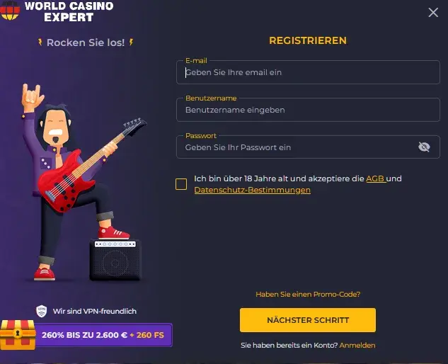 Registrierung im Rolling Slots Casino