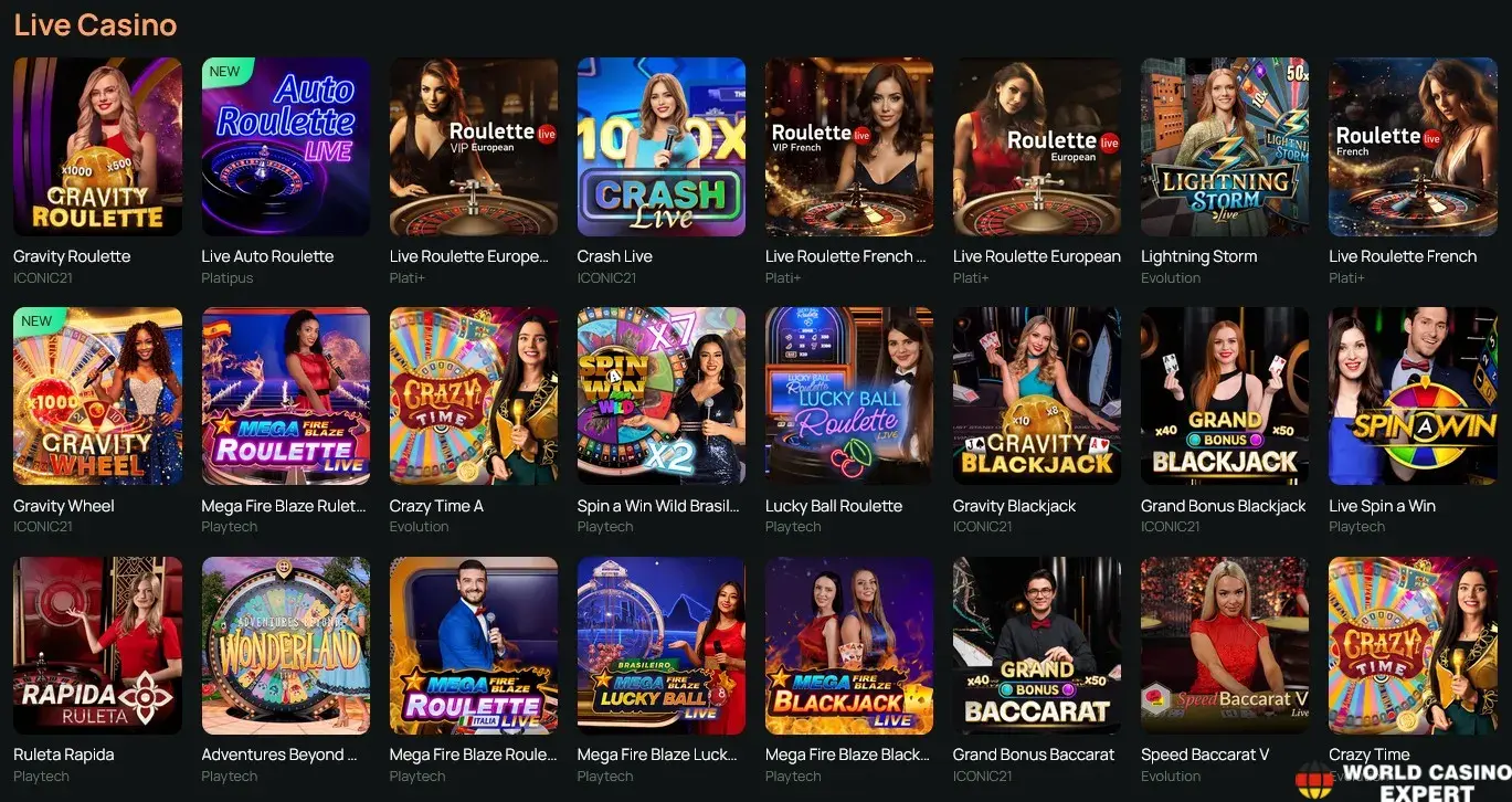 Live-Casino, Tischspiele und Crash-Games